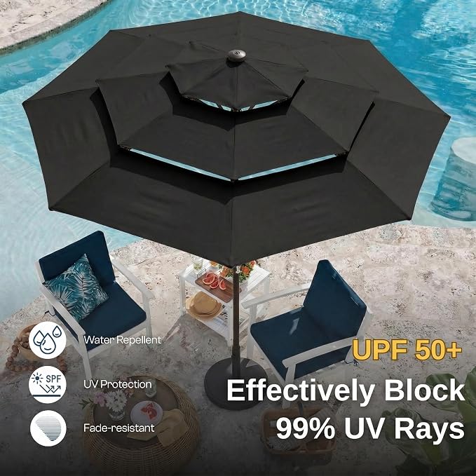10ft 3 Tier Patio Umbrella, Outdoor Market Table Umbrella with UPF 50+ Vented Canopy, 8 Sturdy Ribs, Easy Push Button Tilt and Crank, Windproof for Deck, Pool, Backyard and Garden