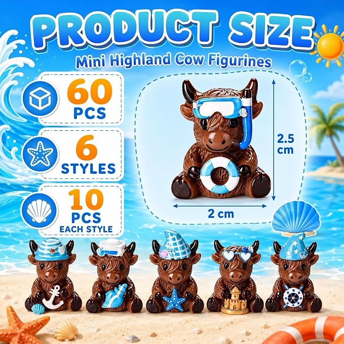 Yaomiao 60 Pcs Mini Resin Coastal Highland Cow Figurines Summer Ocean Highland Cow Statues Beach Coastal Farmhouse Decor Sea Cows Figure Table Decor for Holiday Festive Home Kitchen Tiered Tray