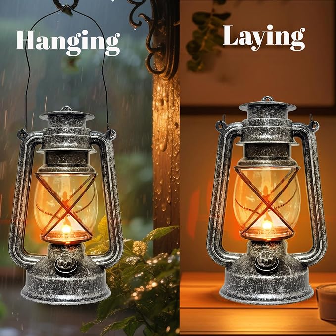 Vintage LED Outdoor Lantern Battery Powered Lanterns with Flame Wick Waterproof Camping Lamp Non-Solar Hanging Lantern Lights Landscape Decor for Indoor/Outdoor Use- Silver Color