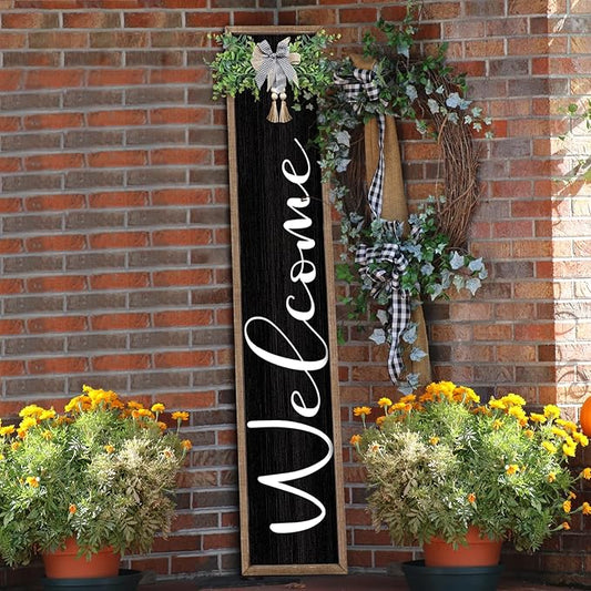 flowtorely Outdoor Welcome Sign for Front Porch Standing 45"×9" Vertical Leaner Wood Frame Tall Outside Rustic Large farmhouse Home Decor Welcome Sign for Front Door Decorations (Wood Black)