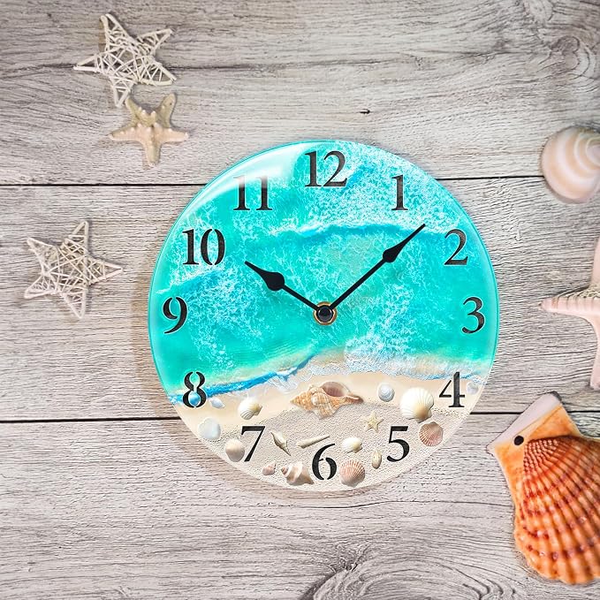 Coastal Nautical Glass Wall Clock with Seashell Design and Aesthetic Beach Theme - Battery Operated Silent Wall Decor for Home, Kitchen, Living Room, Office, Bedroom, or Bathroom (8 Inch,Teal)