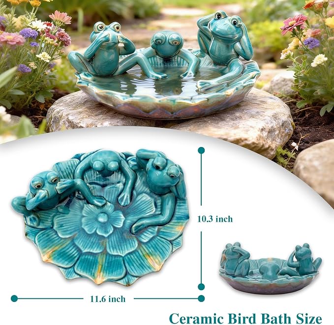 Topadorn Ceramic Bird Bath for Outside, 11.6" Frog Bird Bath with Unique Crackle Reactive Glaze, Decorative Garden Birdbath for Patio, Lawn & Backyard Decor