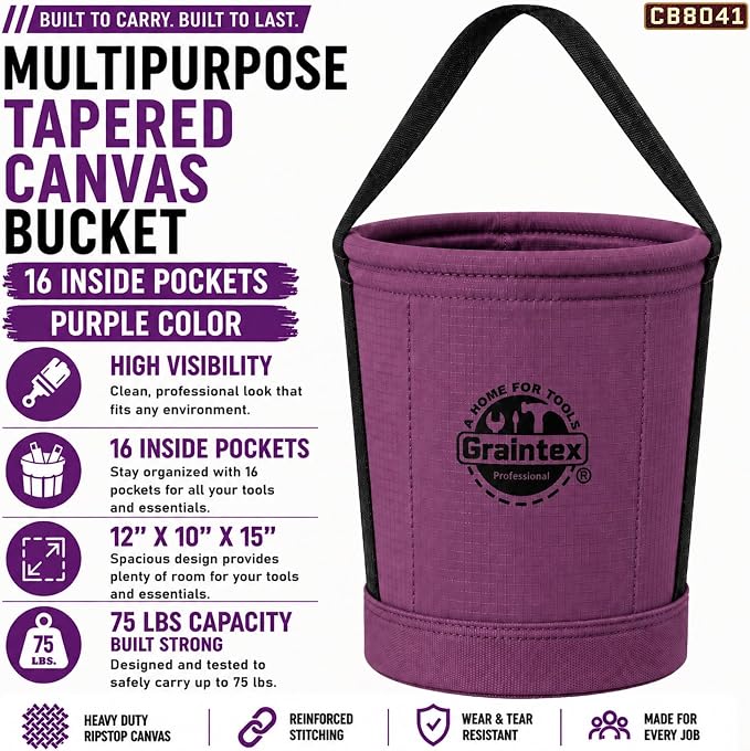 Graintex Tapered Canvas Bucket 12"x10"x15", Utility Tool Bucket 16 Inside Pockets, Reinforced Base & Carry Handle, Ripstop Canvas, Multi-Purpose Bag for Jobsite & Home Use for Tool Storage Solutions