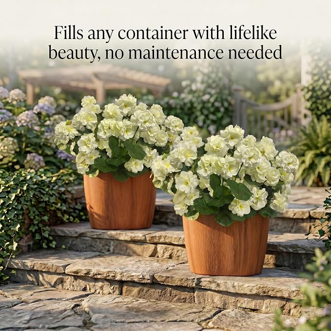 12 Pcs Artificial Geranium Flowers for Outdoor, UV Resistant Geraniums Artificial Flowers Realistic Faux Flowers Outdoor for Planters Outside Porch Garden Decor (15.3", White)