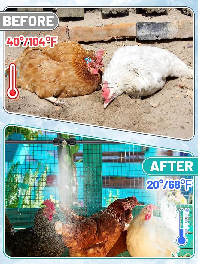 Pre-Assembled Chicken Coop Misting System for Cooling - Leak-Resistant Mist Hose Kit for Summer Poultry Heat Relief, Included 26ft Line, 3/4" Adapter, 7 Brass Nozzles, Filter Gasket Accessories
