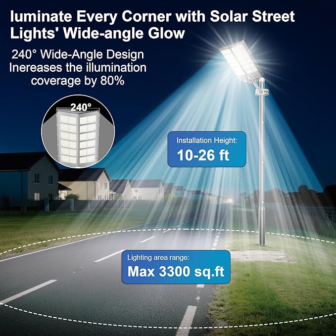 Solar Street Lights Outdoor Waterproof 9000W - LED Solar Powered Street Light Dusk to Dawn with Motion Sensor, Heavy Duty Large Outdoor Solar Lights for Commercial Parking Lot/Garden/Yard/Pathway