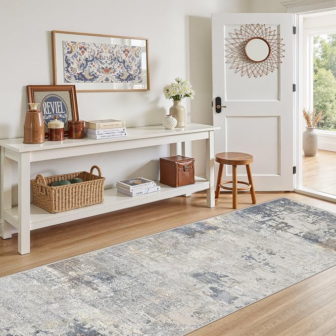 UERMEI 3x8 Washable Runner Rug for Hallway, Non Slip Low Pile Kitchen Carpet, Neutral Modern Abstract Indoor Floor Mat for Entryway Laundry, Kid & Pet Safe High Traffic Area, Blue Grey