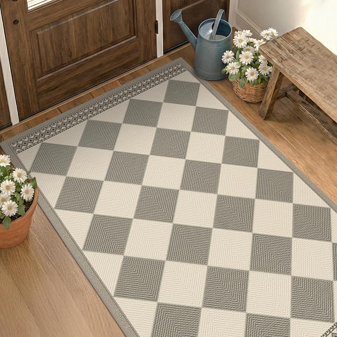Gray and Cream Checkered Easy Jute 3x5 Outside Area Rug Outdoor Porch Decor, Entryway Rugs Indoor Diamond Geometric Pattern Mat, Patio, Backyard or Entry, Boho Farmhouse Style Washable Non Skid Mat