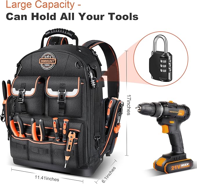 LOKASS Tool Backpack Heavy Duty with Molded Bottom, 1680D 56-Pocket Tool Bag Organizer with Laptop Compartment & Combination Lock, Durable Water-Resistant Electrician & HVAC Tool Backpack - Black
