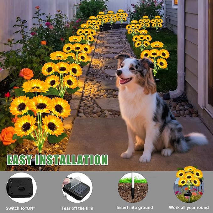 Solar Lights Outdoor Garden Decor,4 Pack with 24 Sunflower Lights,Solar Flowers Lights Waterproof,Birthday Gifts for Mom Women Grandma,Outside Decorative Stakes Light for Landscape Yard Patio Lawn