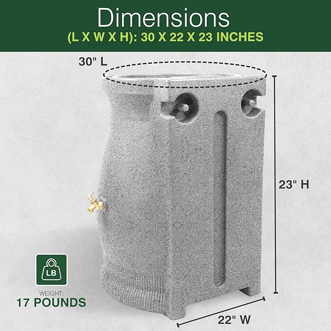 Good Ideas Rain Saver 50 Gallon Urn Shaped Self Draining Wizard Barrel Water Storage with Planter Space and 2 Brass Spigots, Light Granite