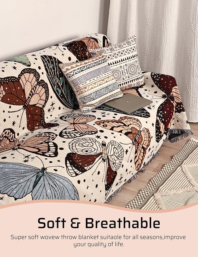Boho Throw Blanket for Bed Couch Sofa Reversible Cotton Bohemian Travel Boho Quilt Mexican Muslin Blanket Tapestry Hippie Room Decor Outdoor Blanket Double Sided (Month Moth Print 60"x80")