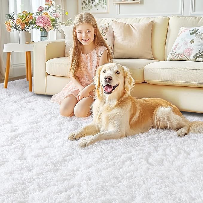 White Rugs for Living Room, Ultra Fluffy Fuzzy Shag 6x9 Area Rug for Bedroom, Modern Plush Soft High Pile Upgrade Non-Slip Carpet for Kids Girls and Boys, Dorms, Nursery, Home Decor Aesthetic