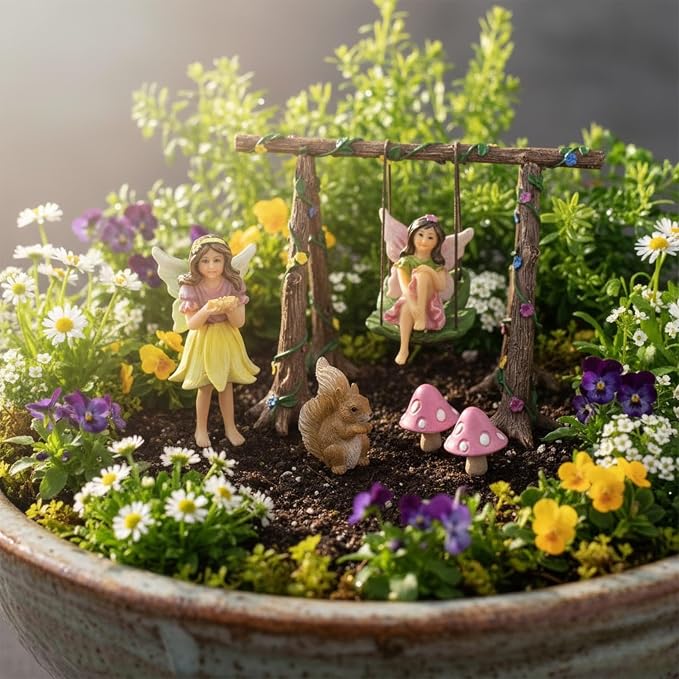 PRETMANNS Fairies for Fairy Garden Outdoor Accessories - Figurines Set with Swing, Squirrel & Mushrooms - Miniature Fairy Garden Kit - Fairy Village Supplies - 6 Piece Resin Fairies | Fairies with Swing Set, Squirrel & Mushrooms, Fairy Figurines, Garde...