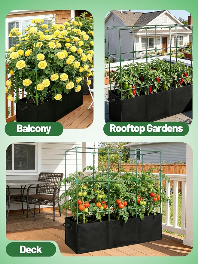 Tomato Cage with 3 Compartment 51 Gallon Grow Bag - 47" L × 15.7" W × 45" H Heavy Duty Square Tomato Planter Trellis, Easy to Assemble, for Garden Patio Balcony Climbing Vegetables Flowers Fruits