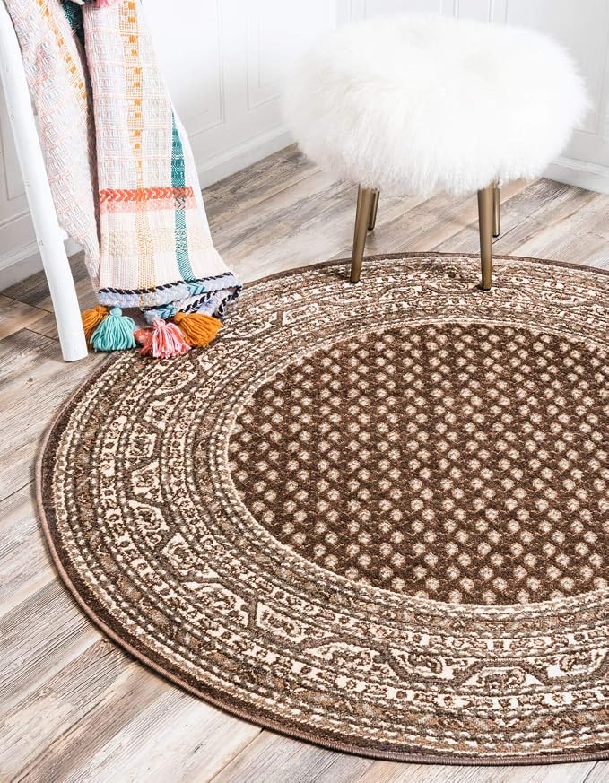 Unique Loom Williamsburg Collection Traditional Border with Dotted Center Area Rug, Round 3' 7" x 3' 7", Brown/Beige