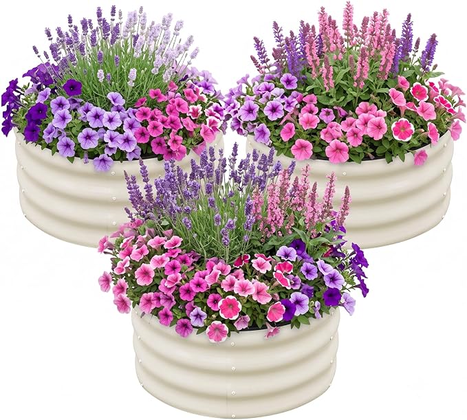 SnugNiture 3 Pcs 2x2x1ft Round Galvanized Raised Garden Bed Kit Outdoor, Metal Planter Box for Planting Plants Vegetables, White