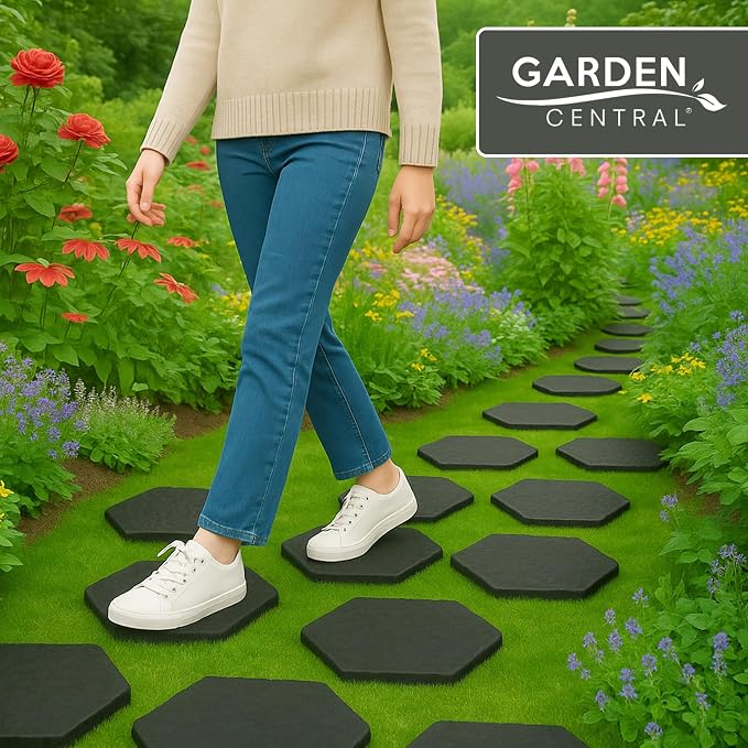 TierraVerde 10-Pack 15”x13” Stomp Rubber Stepping Stones, Hexagon, Black – Reversible Non-Slip Outdoor Faux Decorative Set for Landscaping – DIY Decor for Walkways & Yard Pathways