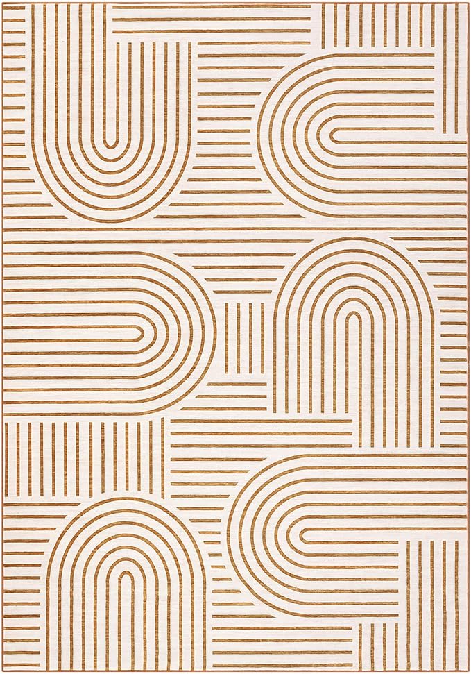 ROYHOME Modern Washable Rug 9x12 Area Rugs for Living Room Non Slip, Orange | Abstract Rug for Bedroom, Rainbow Throw Rugs with Rubber Back, Low Pile Stain Resistant Boho Geometric Carpet for Dining Room