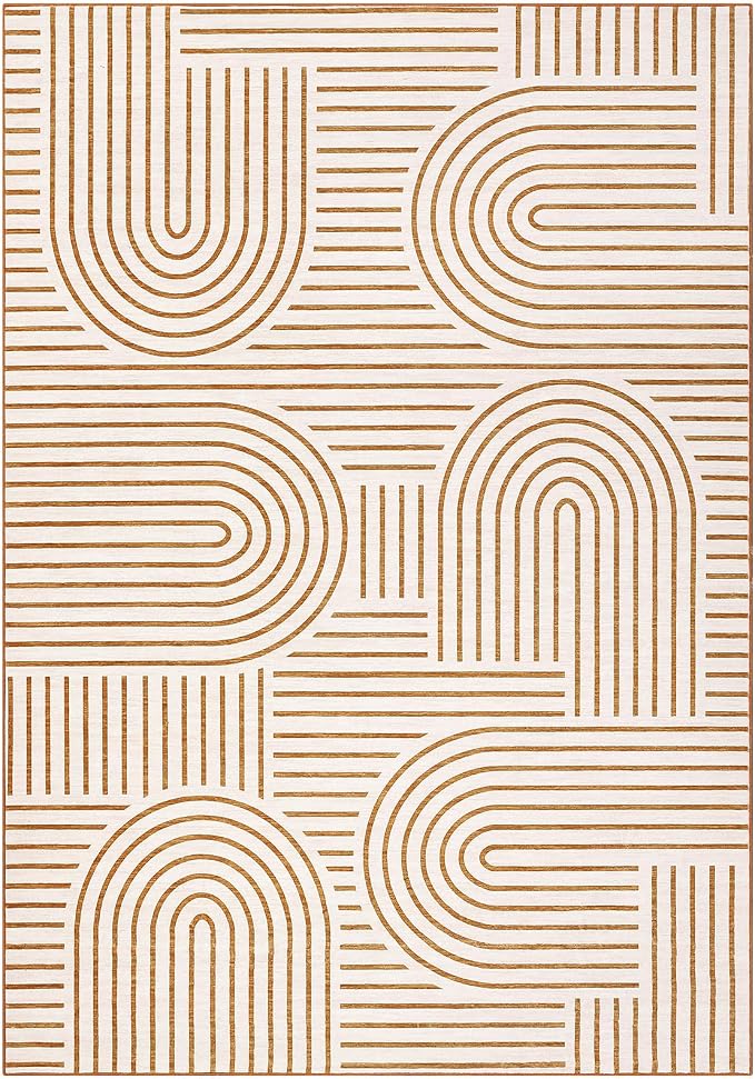 ROYHOME Modern Washable Rug 6x9 Area Rugs for Living Room Non Slip, Orange | Abstract Rug for Bedroom, Rainbow Throw Rugs with Rubber Back, Low Pile Stain Resistant Boho Geometric Carpet for Dining Room