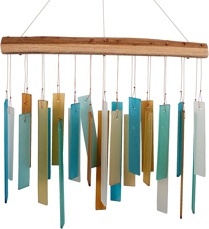 Blue Handworks Caribbean Beach Glass and Driftwood Chime - Sandblasted Glass and Found Wood Hand Crafted Wind Chime | Sandblasted Glass and Found Wood Hand Crafted Wind Chime
