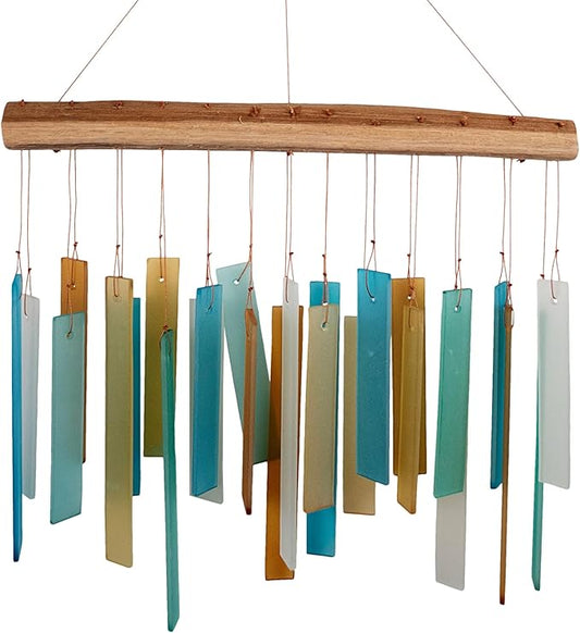 Blue Handworks Caribbean Beach Glass and Driftwood Chime - Sandblasted Glass and Found Wood Hand Crafted Wind Chime | Sandblasted Glass and Found Wood Hand Crafted Wind Chime