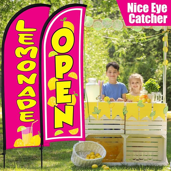 Hahafelt 2 Sets Lemonade Open Feather Flag for Business Advertising 8 ft Feather Flag Sign with Flagpole Ground Stake Portable Bag Lemonade Banner for Outside Park Garden Restaurant(Rose Pink)