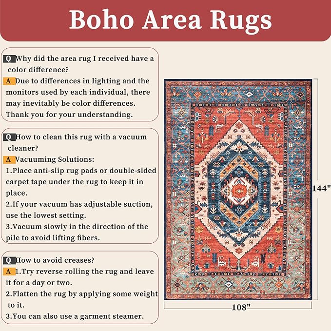 SERISSA 9x12 Washable Non Slip Boho Area Rug for Living Room，Rust | Ultra Soft Vintage Oriental Carpet Low-Pile Distressed Tribal Throw Carpet for Dining Room Bedroom Dorm Office Home Decor