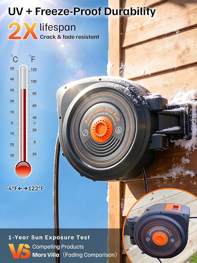 Mars Villa Retractable Garden Hose Reel 1/2 IN x 65 FT, Wall Mounted Heavy Duty Water Hose for Outside, Auto-Rewind & Any Length Lock, 180° Swivel Bracket, Slow Return, 10 Spray Patterns, UV-Resistant