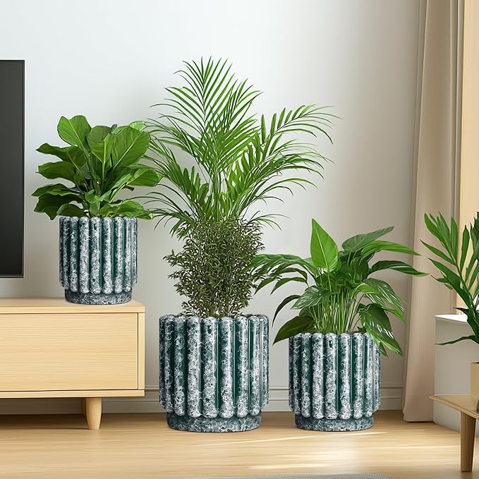 Ceramicfor Ceramic Flower Pot, 7.6 Inch, Green | Drainage Hole, Round Fluted Design, Indoor Outdoor Use, Decorative Planter