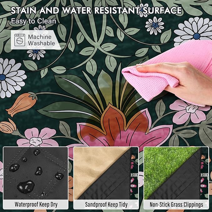 Floral Picnic Blankets Waterproof Foldable, 60″X80″ Packable Picnic Mat Boho Outdoor Blanket for Grass, Large Beach Blanket Sandproof Picnic Accessories for Camping Music Festival Park Lawn Travel