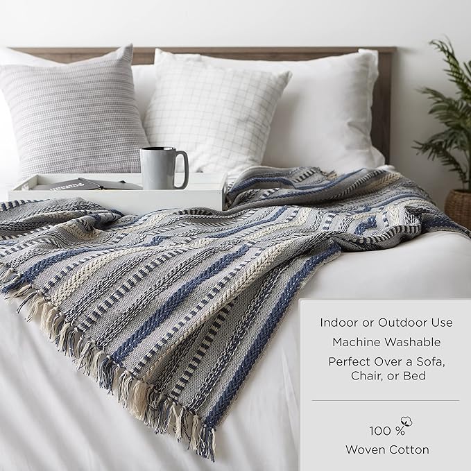 DII Woven Throw Collection 100% Cotton, Basketweave, 50x60, Storm Blue (Pack of 2)