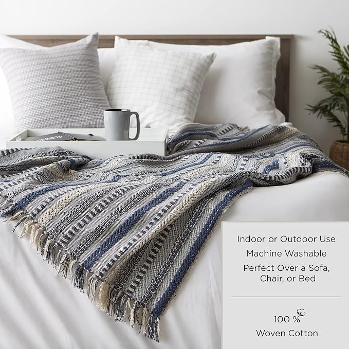DII Chevron Throw Collection Handloomed Cotton, 50x60, Nautical Blue