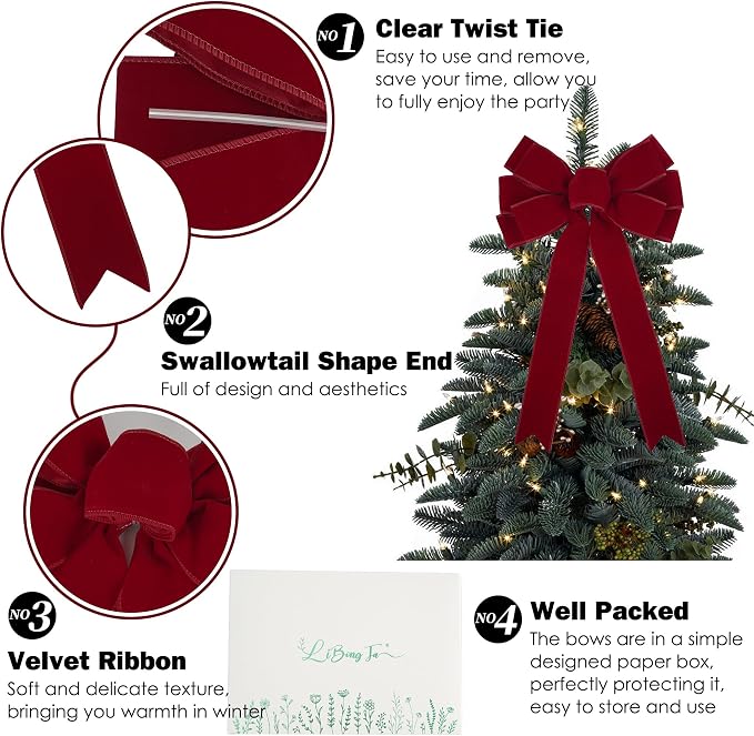 13" Red Bow Pre-Tied Bow for Christmas Tree, Red Velvet Ribbon Bow for Wreaths, Tree Toppers Bow, Premade Bow, Gift Bow for Party Favor, Christmas Home Indoor Outdoor Decor-1 Counts