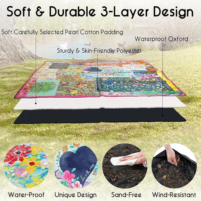 Picnic Blankets Waterproof Foldable Extra Large,80"x 60" Outdoor Beach Blanket Waterproof Sandproof,3-Layer Lightweight Handy Mat Tote Picnic Camping Rugs for Outside Your Rv(Boho Flowers)