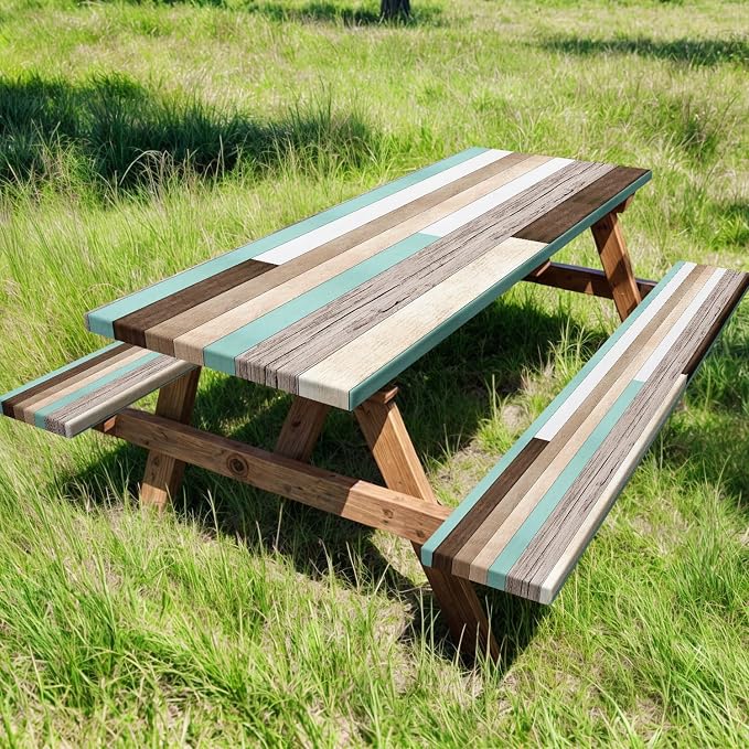 Picnic Table Cover with Bench Covers and Bag, Teal Wooden Camper Waterproof Windproof, Fitted Tablecloth Cover with Elastic Edge, for Indoor & Outdoor, Garden, Camping, 3 Pieces Set, 30x72 Inch