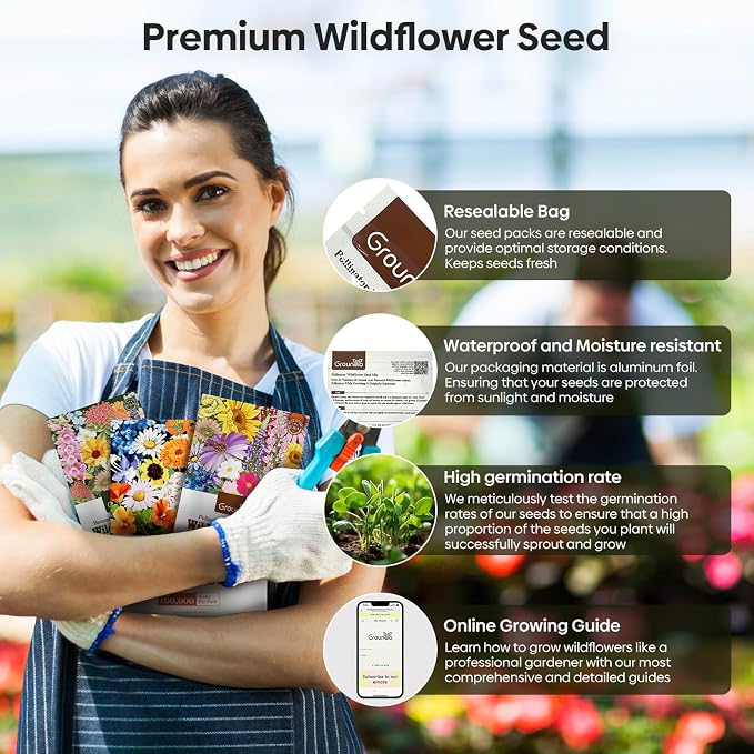 Groundio Wildflower Seeds, 2 OZ, 100,000+ Seeds, 28 Varieties Annual & Perennial Wild Flower Seeds Mix, Attracts Bees, Butterflies & Birds, Colorful Flowers Seed to Plant Outside