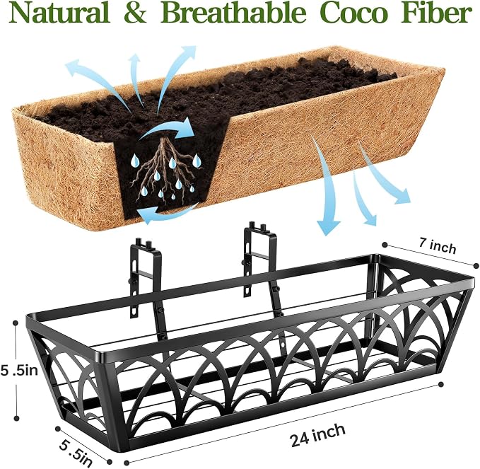 24 Inch Railing Planter Box Window Boxes Planters - 4 Pack Deck Railing Planter Boxes with Adjustable Brackets Coco Liners Balcony Planters Railing Hanging for Window Flower Boxes Outdoor Garden Decor