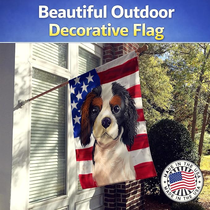 Caroline's Treasures CK6482CHF Cavalier Spaniel American Flag House Flag Large Porch Sleeve Pole Decorative Outside Yard Banner Artwork Wall Hanging, Polyester, House Size, Multicolor