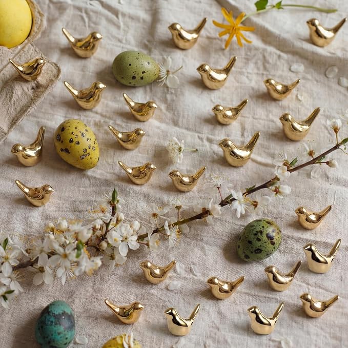 Sieral 100 Pcs Golden Mini Bird Figurines Miniature Resin Bird Statues Small Animal Statues Fairy Garden Accessories for Micro Garden Landscape Dollhouse Cake Potted Plants DIY Craft, 0.59 x 0.67 Inch