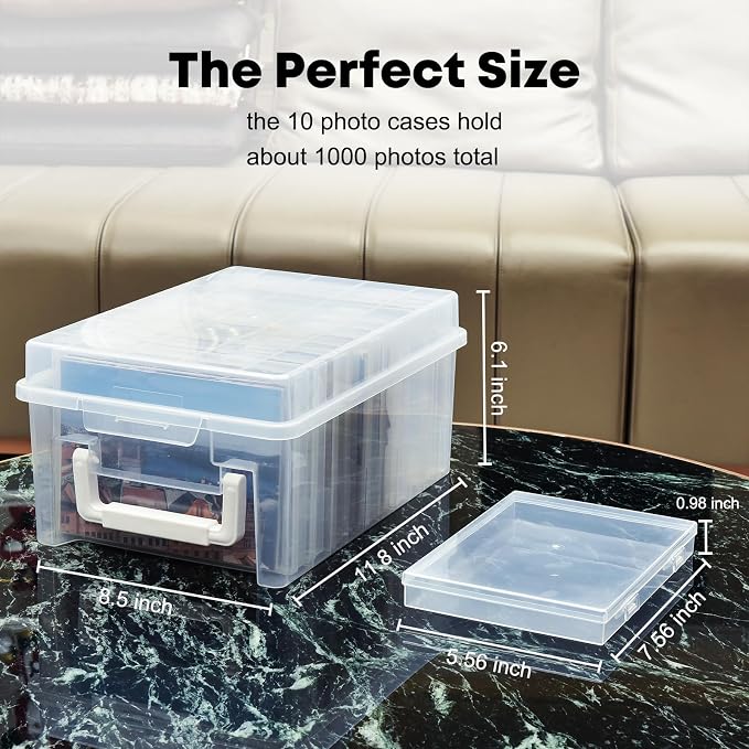 ALINK Photo Storage Box 5 x 7 In Photo Case, 10 Inner Large Photo Keeper, Clear Photo Storage Container, Seed Craft Cards Pictures Organizer, Plastic Office Organizer with 1 Label Sticker