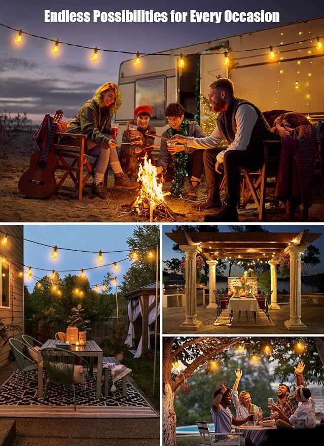 Minetom 34FT Solar String Lights Outdoor with Remote, Patio Lights with 10 LED Shatterproof Bulbs and Hooks, E26 Socket and Type-C Port, Waterproof Hanging Lights for Outside Cafe Garden Bistro
