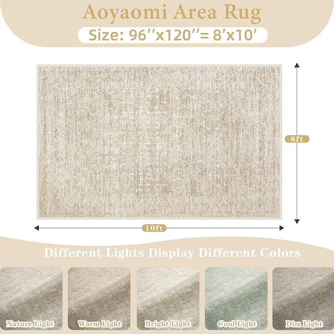 Area Rug Living Room Rugs 8x10 - Large Soft Boho Geometric Rug, Non-Slip Foldable Washable Rugs Non Shedding Morden Indoor Floor Carpet for Living Bedroom Office Dining Room (Moroccan Beige, 8'x10')