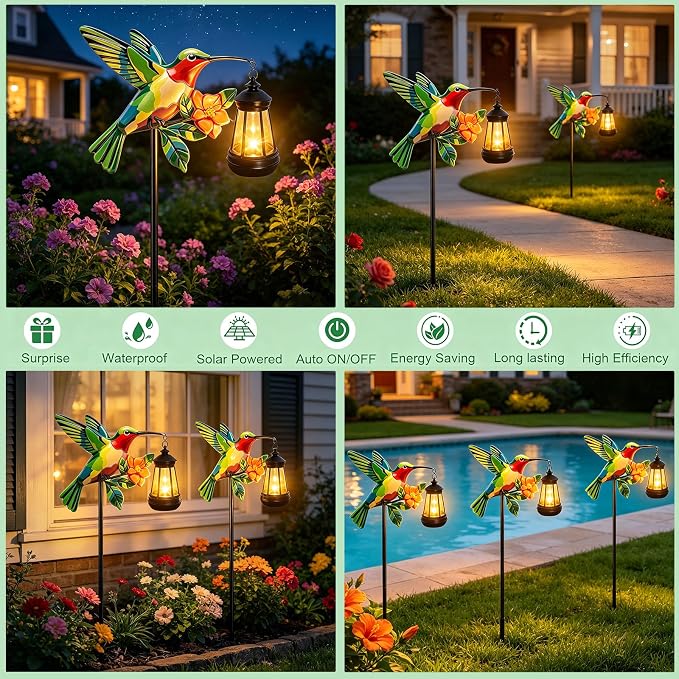 2 Pack Hummingbird Solar Garden lights Outdoor Waterproof, Gifts for Women Mom Grandma Daughter, Stake lights with Solar Lantern, Hanging Solar Lights, Solar Path Light Yard Outside Patio Garden Decor