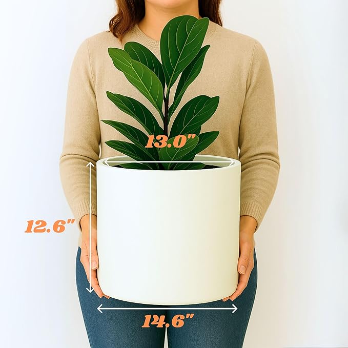 Fox & Fern Large Indoor Planter, Modern Large Plant Pot for Indoor or Outdoor, UV and Frost Resistant - 14.6 Inch, Fiberstone, Matte White Flower Pot with Drainage Plug, Lightweight