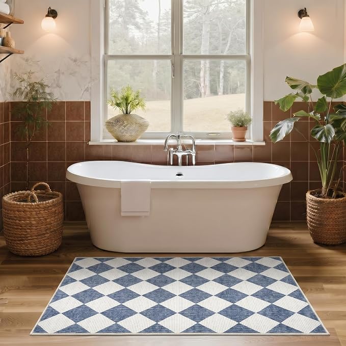 GarveeHome Checkered Entryway Rug 2x3 Navy Blue Washable Front Door Rug | Diamond Indoor Entrance Plaid Carpet Non-Slip Low Pile Throw Rugs for Kitchen Floor, Powder Room, Entry, Bathroom, Kids Room