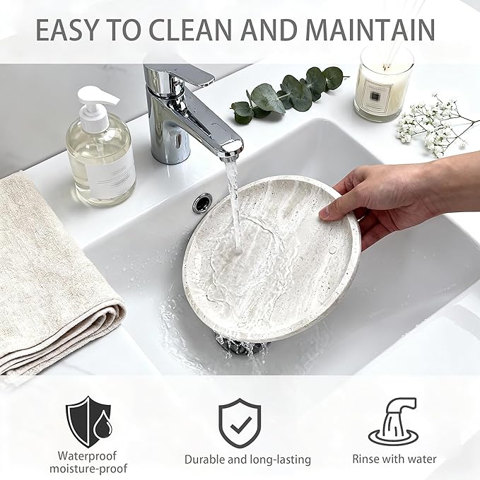Vanity Tray for Bathroom, Dresser, Counter, Home Decor 10.24” D x 1.18”H Travertine Round Decorative Tray for Candles, Perfumes, Jewelry, Plants Natural Stone Organiser Dish Beige (NS053)