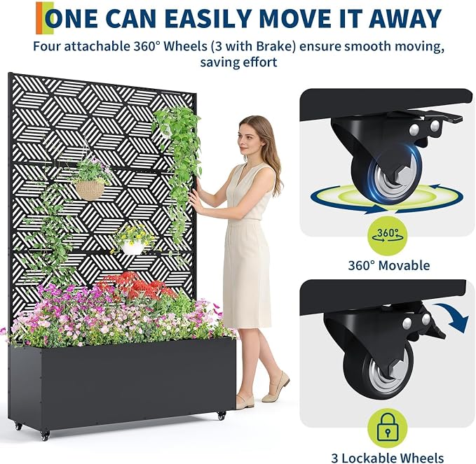 GarveeLife Metal Planter Box with Trellis and Wheels, 71"x47"x16" Raised Garden Bed for Climbing Plants, Vegetables, Vines, Privacy Planters for Patio with Drainage Holes, 15.7" Deep Planting Bed