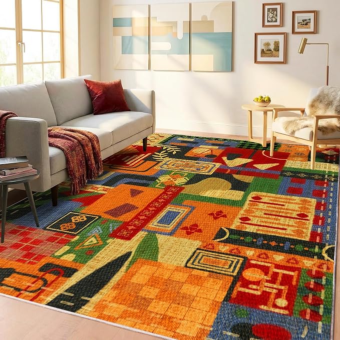Geometric 6x9 Area Rugs for Living Room, Burnt Orange Washable Large Rug | Non Slip Low Pile Boho Geometric Colorful Rugs for Bedroom| Indoor Carpet for Office Nursery Dining Room Entryway Home Decor