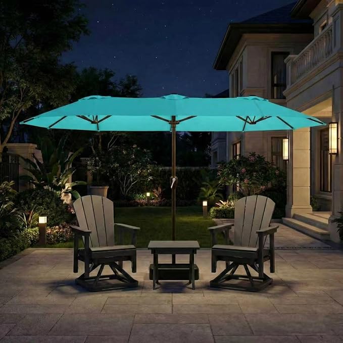 15FT Large Patio Umbrella with Base Included, Double Sided Outdoor Market Umbrella with Flexible Fiberglass Ribs, UV-Blocking Extra Large Umbrella for Garden, Pool, Deck, Aqua Blue